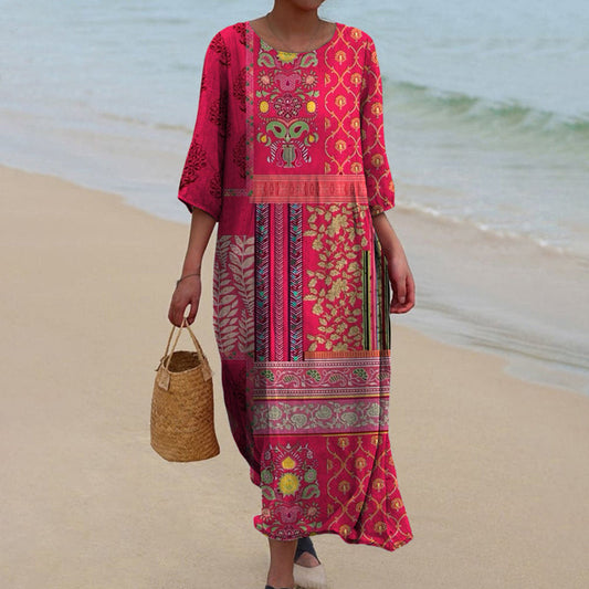 Women's Maxi Dress Round Neck Three-Quarter Sleeves Mixed Print - 
Fashinoza
