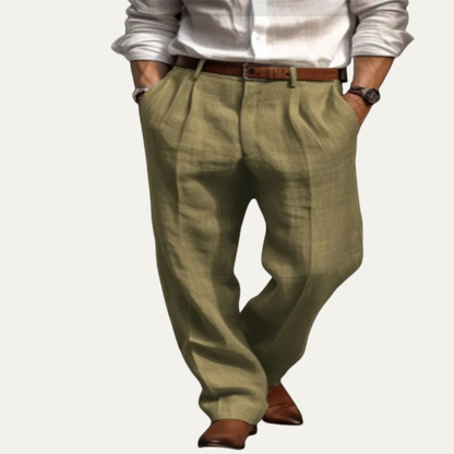 Men's Pleated Straight Pants Casual Cotton Beige
