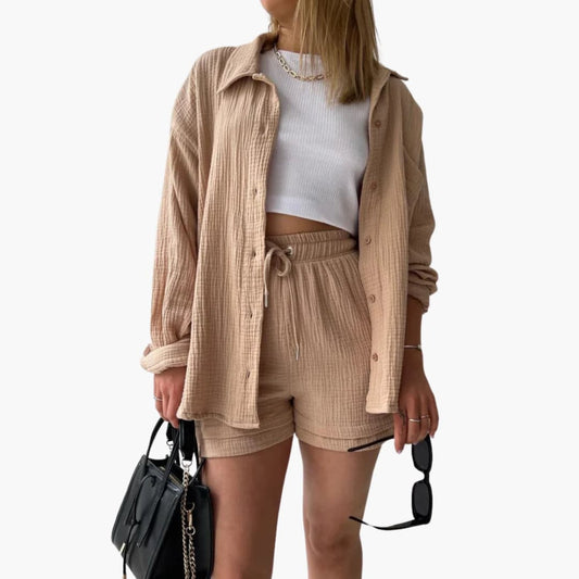 Women's Button Crop Shorts Set - Fashinoza