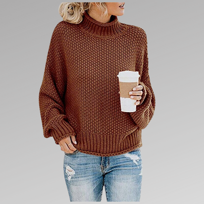 Women's Long Sleeve Knit Sweater Cozy High Neck Beige