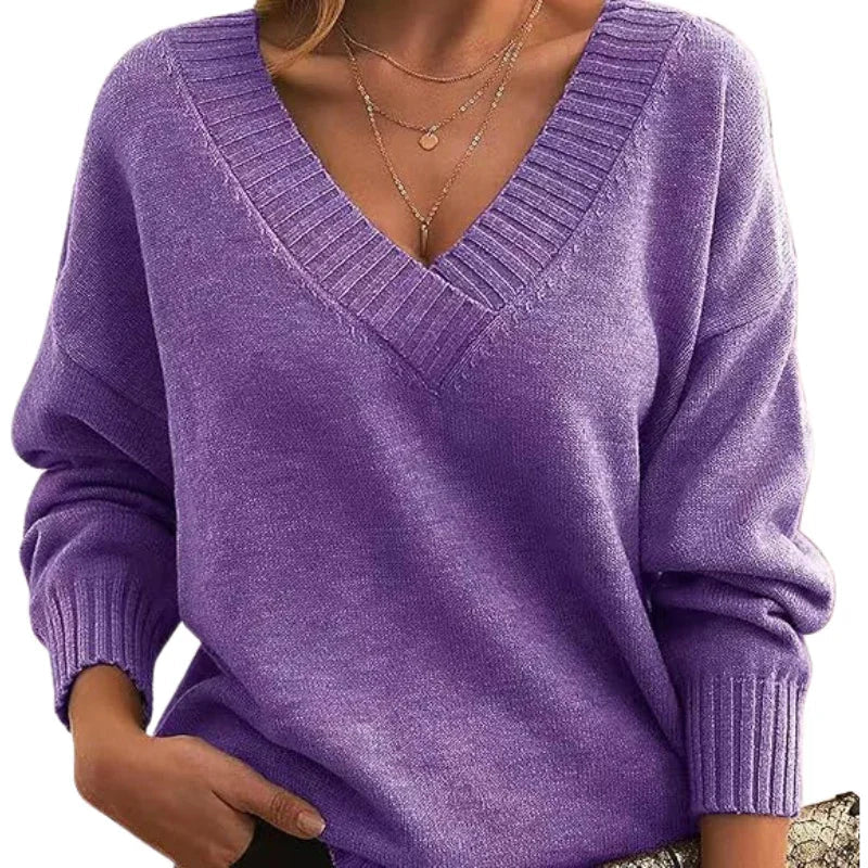 Women's Textured Knit Sweater Relaxed Fit V-Neck Cozy