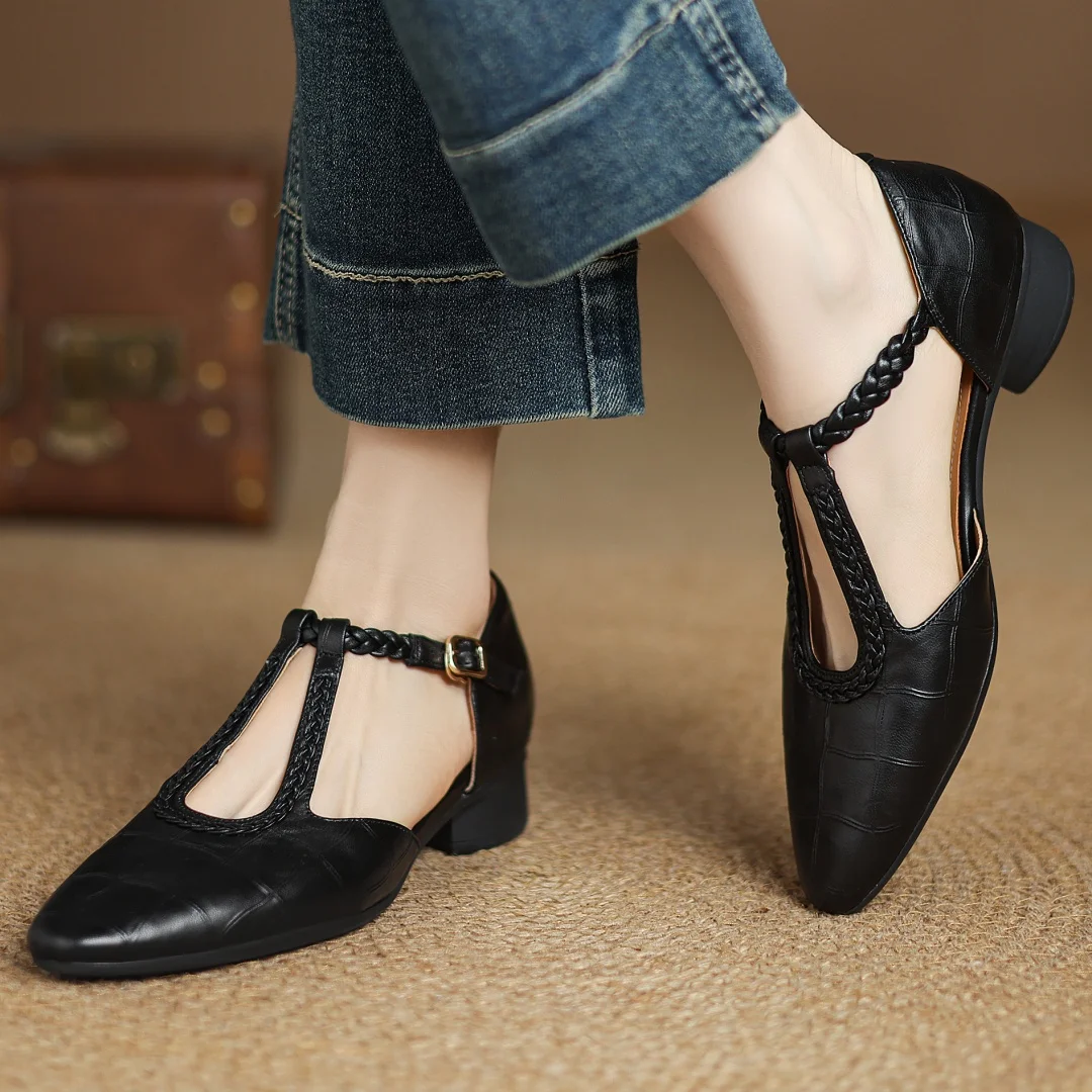 Women's Leather Mary Jane Flats Pointed Toe