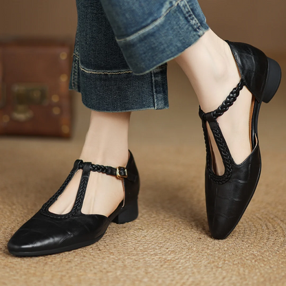Women's Leather Mary Jane Flats Pointed Toe
