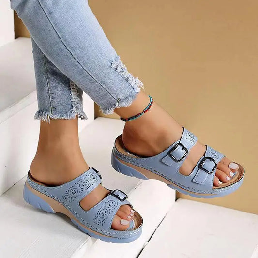 Women's Wedge Sandals Double Buckle Comfortable - Fashinoza