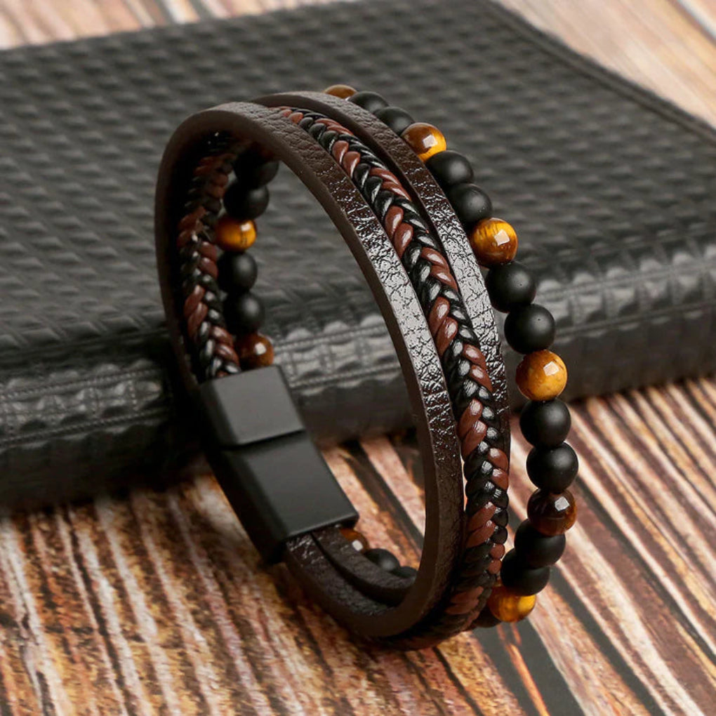 Men's Leather Stone Bead Bracelet - Fashinoza