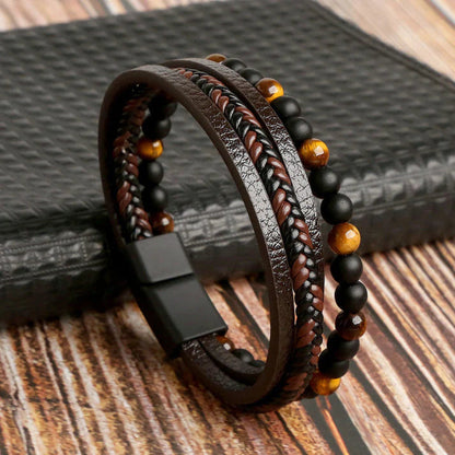 Men's Leather Stone Bead Bracelet - Fashinoza