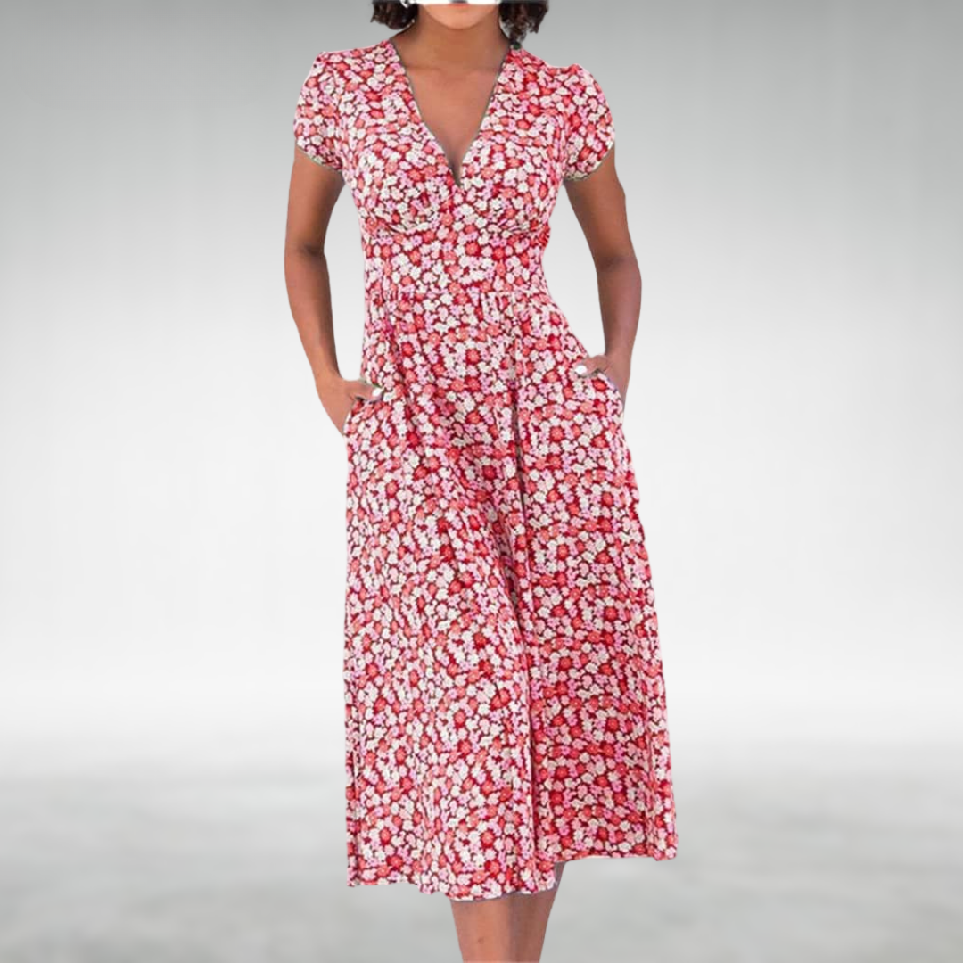 Women's Floral Midi Dress Short Sleeve V-Neck with Pockets