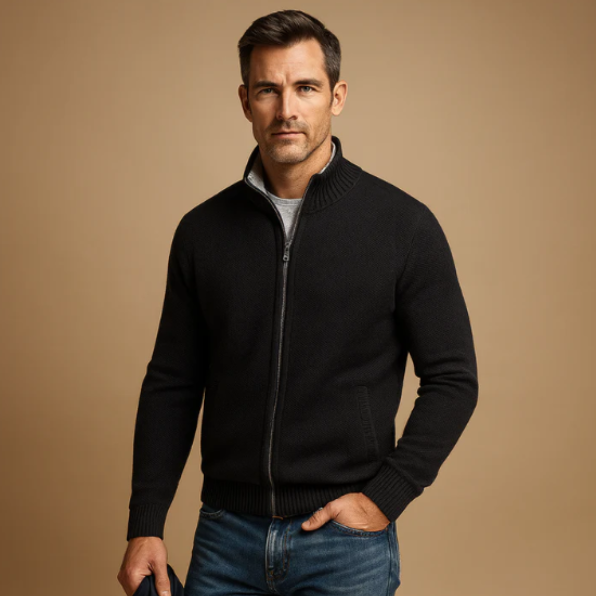Men's Classic Knitted Zip Cardigan Stand Collar