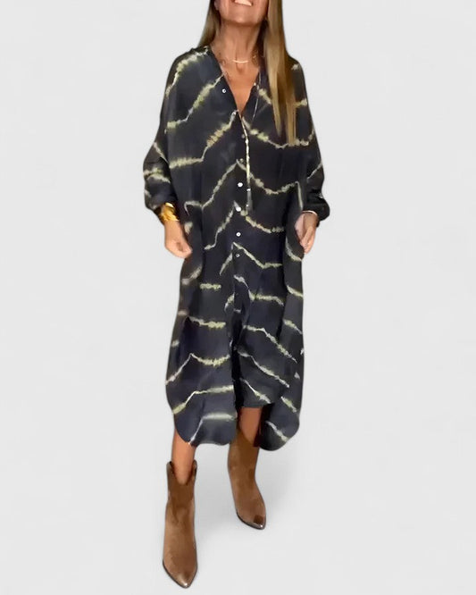 Women's Midi Shirt Dress Tie-Dye Print Cotton Button Down - Fashinoza
