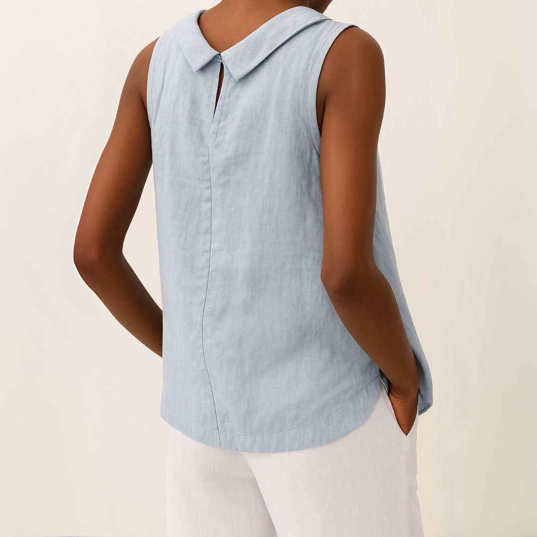 Women's Sleeveless Blouse Rolled Collar Curved Hemline