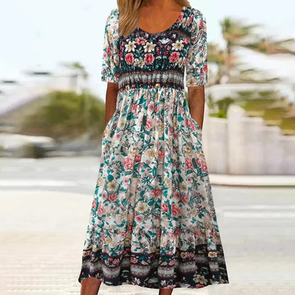 Women's Bohemian Print Dress Round Neckline