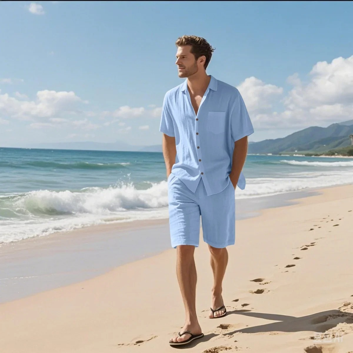 Men's Retro Beach Shirt And Shorts Set
