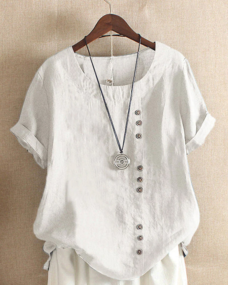 Women's Short Sleeve Blouse Cotton Button Front Rolled Cuffs