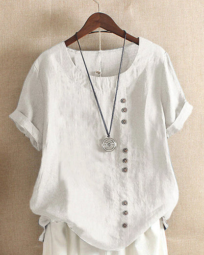 Women's Short Sleeve Blouse Cotton Button Front Rolled Cuffs