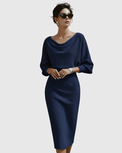 Vivienne Women's Ribbed Midi Dress Batwing Sleeves Cowl Neck
