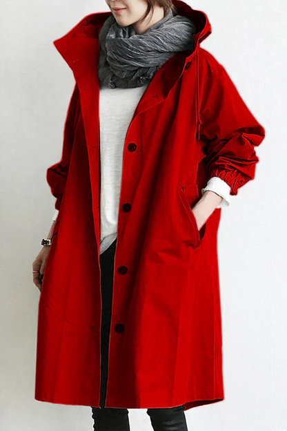 Women's Hooded Trench Coat Oversized Cotton Button Front Beige