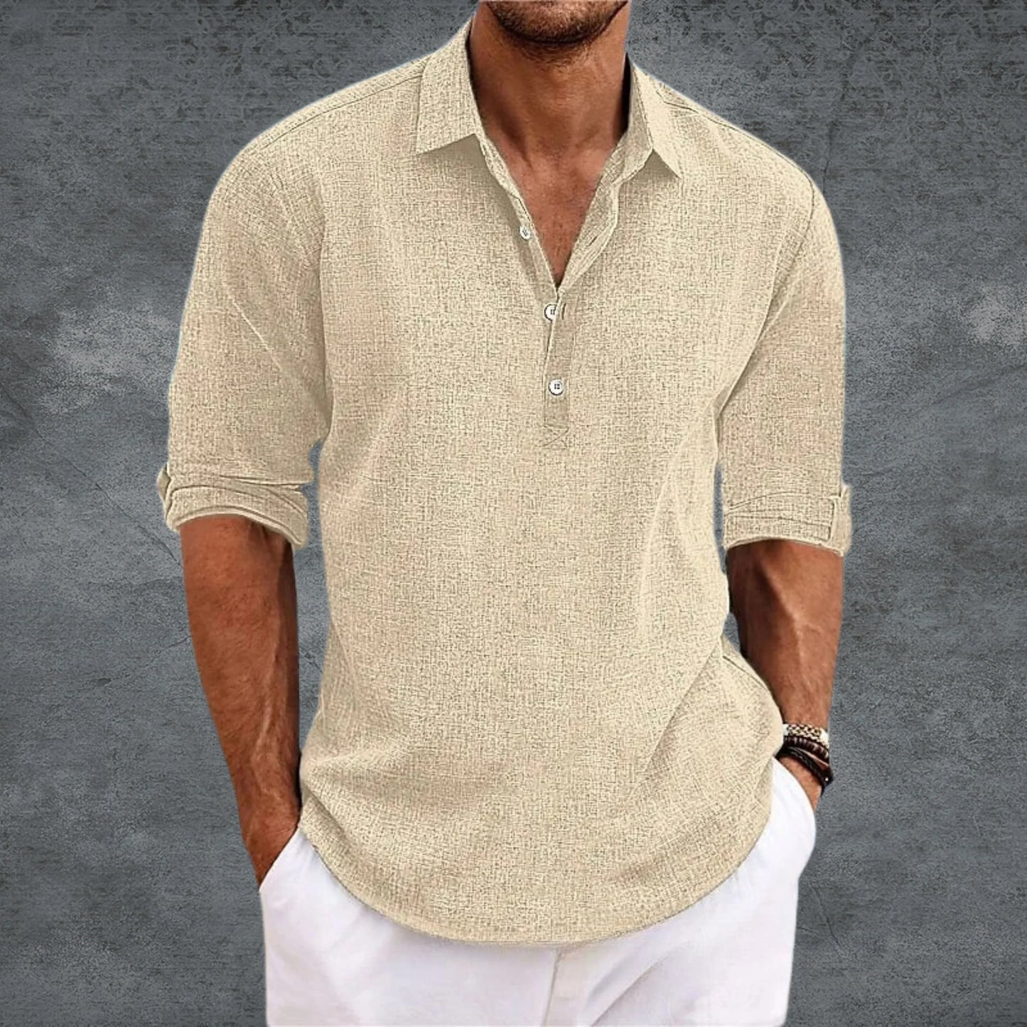 Men's Half-Button Collared Shirt Long Sleeve Roll-Up