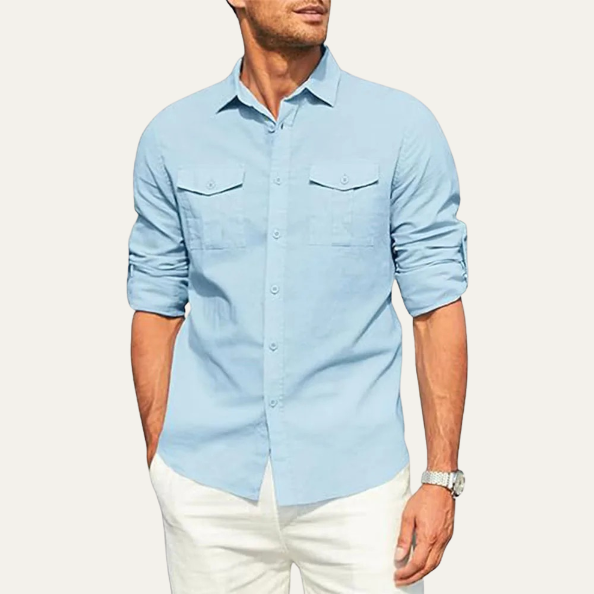 Men's Cotton Linen Cargo Shirt Double Pocket Button Up