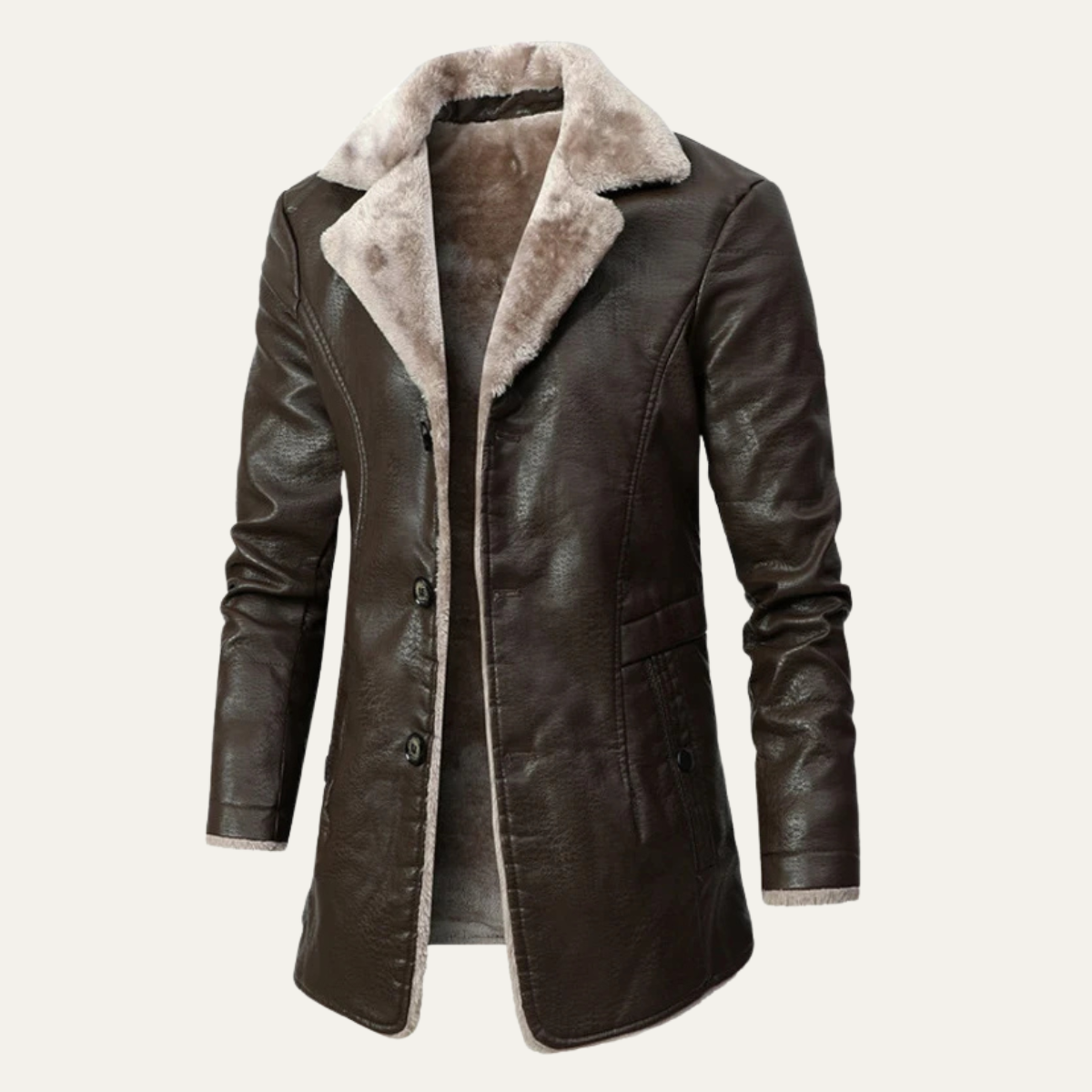 Men's Leather Winter Coat Fur Lined Long Black - Fashinoza