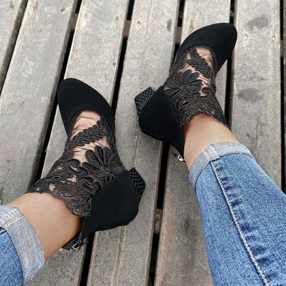 Women's Lace Panel Block Heel Ankle Orthopedic Boots