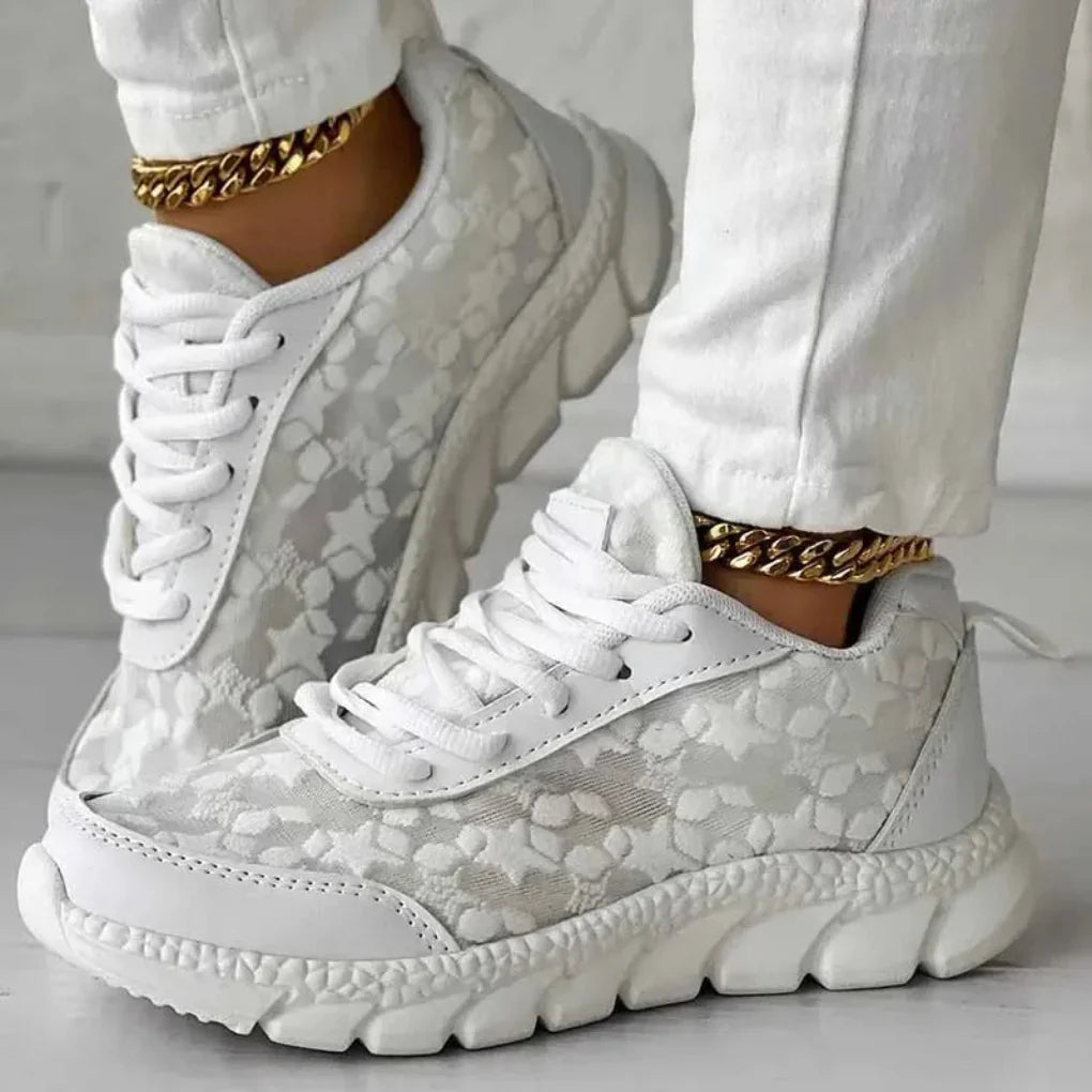 Women's Lace Up Sneakers Breathable Mesh Star Pattern - Fashinoza