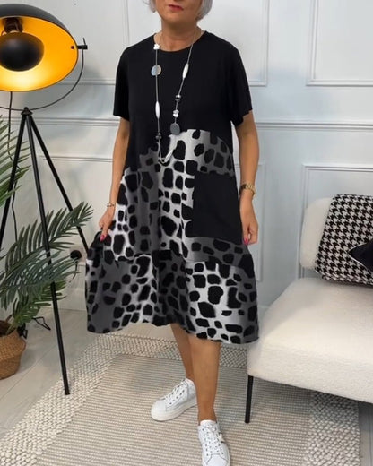 Relaxed Patchwork Midi Dress with Pockets