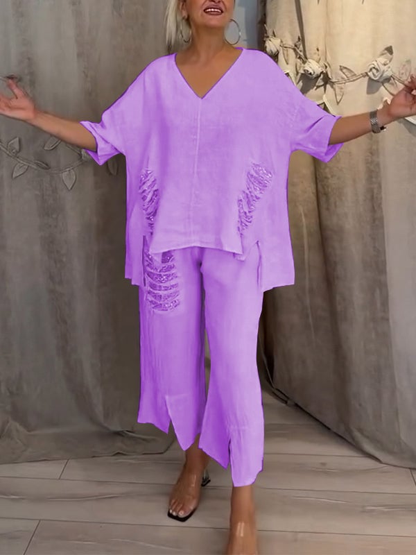 Women's 2 Piece V-Neck And Cropped Pants Set