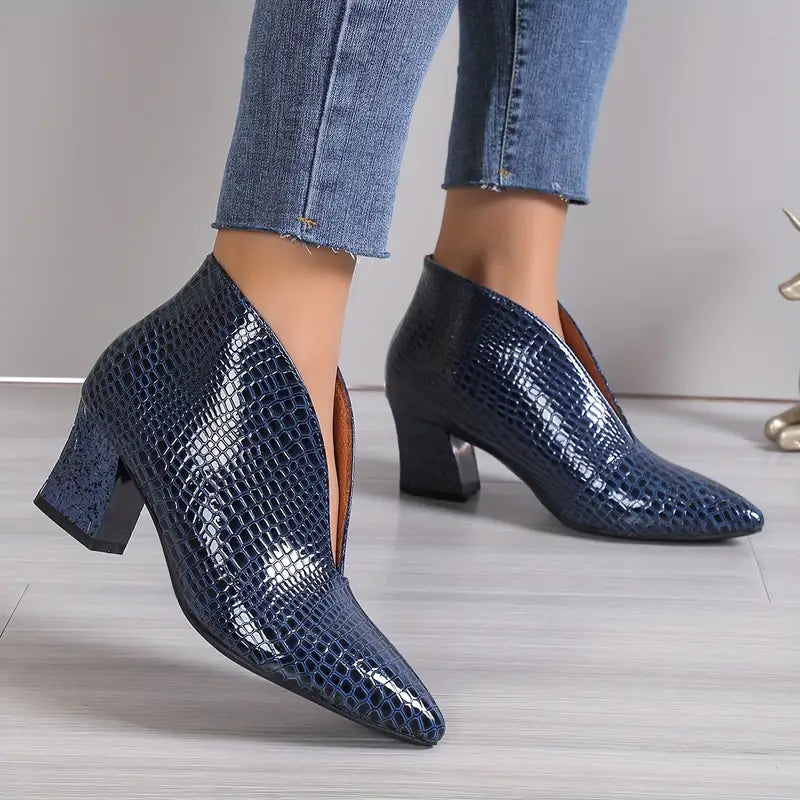 Women's Pointed Toe Ankle Boots Block Heel Scale Pattern