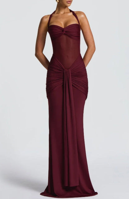 Sheer Panel Halter Evening Gown