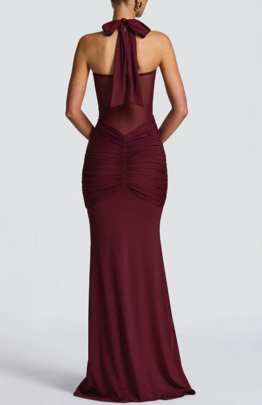 Sheer Panel Halter Evening Gown