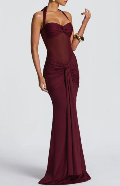Sheer Panel Halter Evening Gown