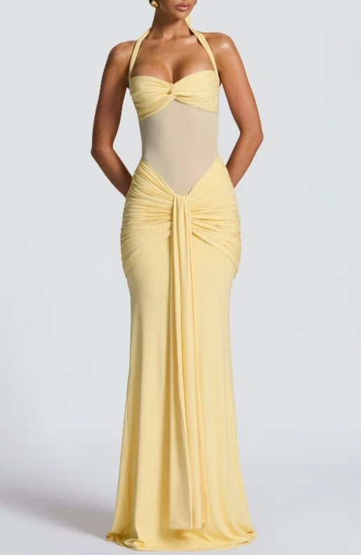 Sheer Panel Halter Evening Gown