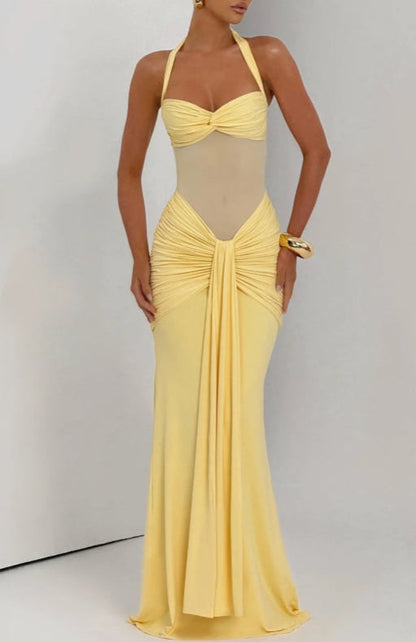 Sheer Panel Halter Evening Gown