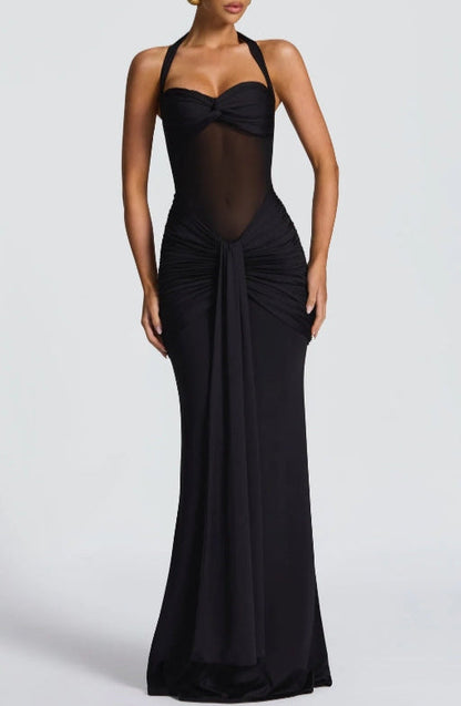 Sheer Panel Halter Evening Gown