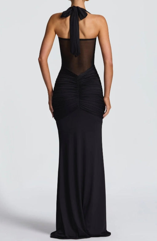 Sheer Panel Halter Evening Gown