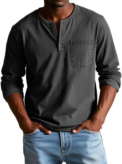 Men's Long Sleeve Henley Shirt Cotton Button Front Chest Pocket