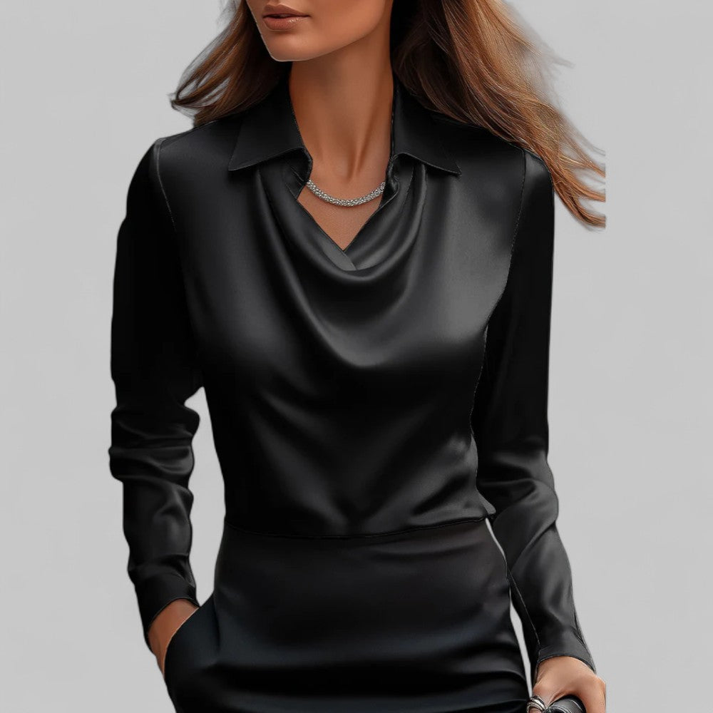 Women's Long Sleeve Blouse Glossy Cowl Neck