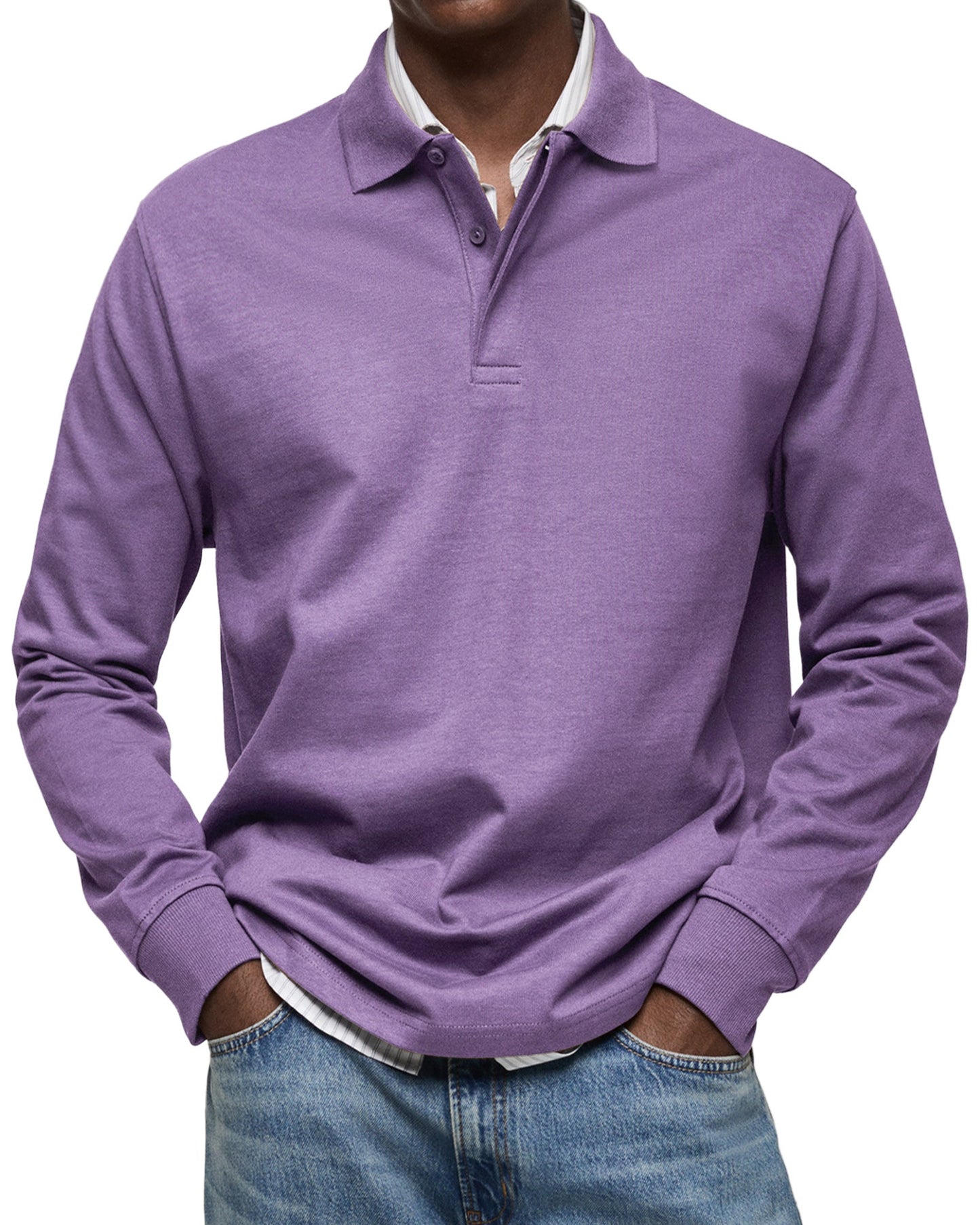 Men's Long-Sleeve Polo Shirt Cotton Button Collar