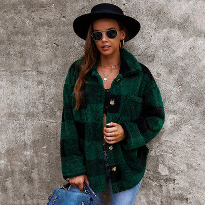 Women's Checkered Plush Fur Coat Warm Winter Outerwear