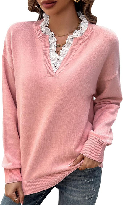 Women's Deep V-Neck Lace Sweater