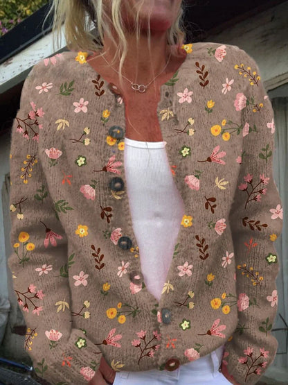 Women's Floral Cardigan Sweater Crew Neck Button Closure