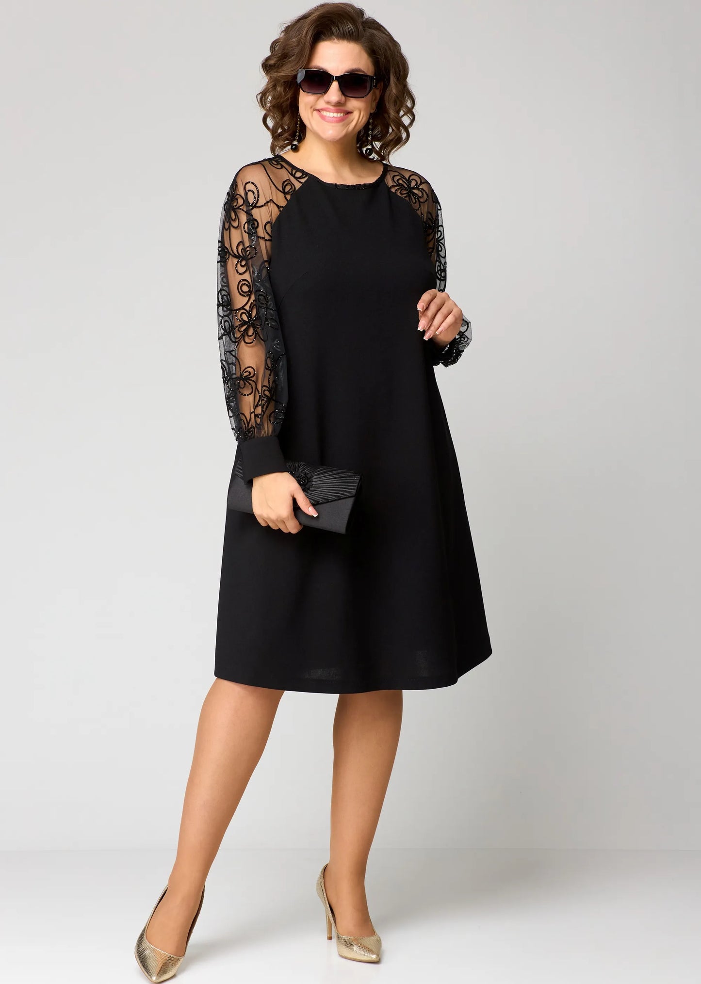 Elegant Lace-Sleeve Evening Gown