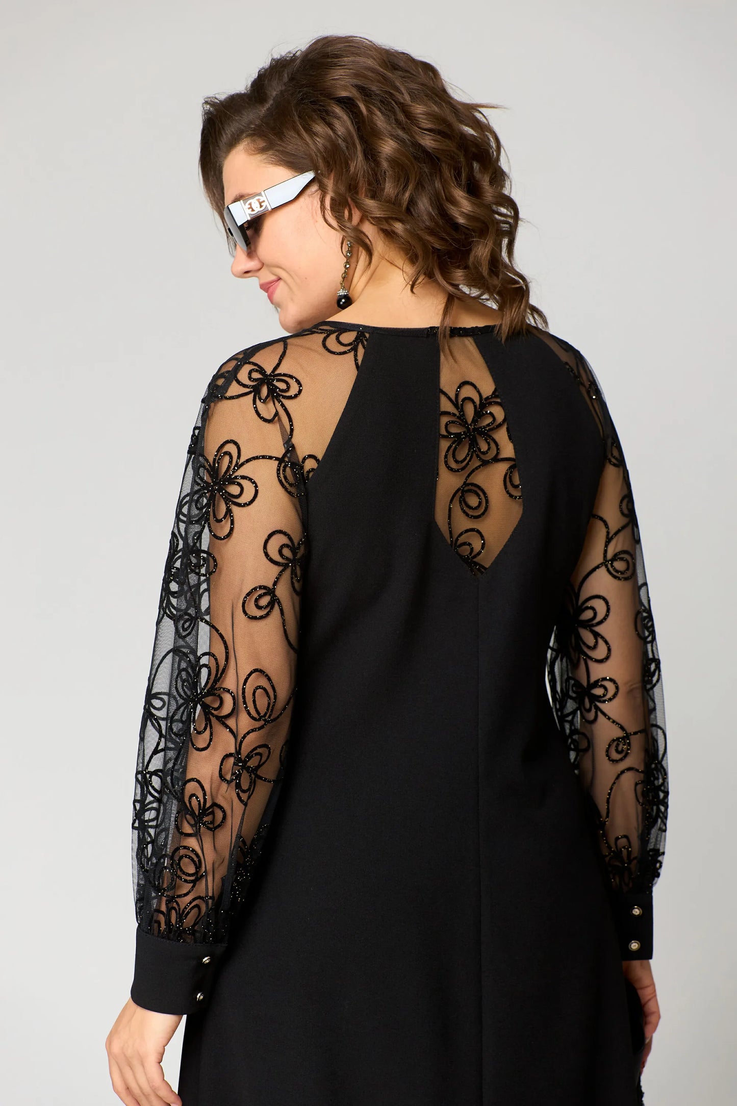 Elegant Lace-Sleeve Evening Gown
