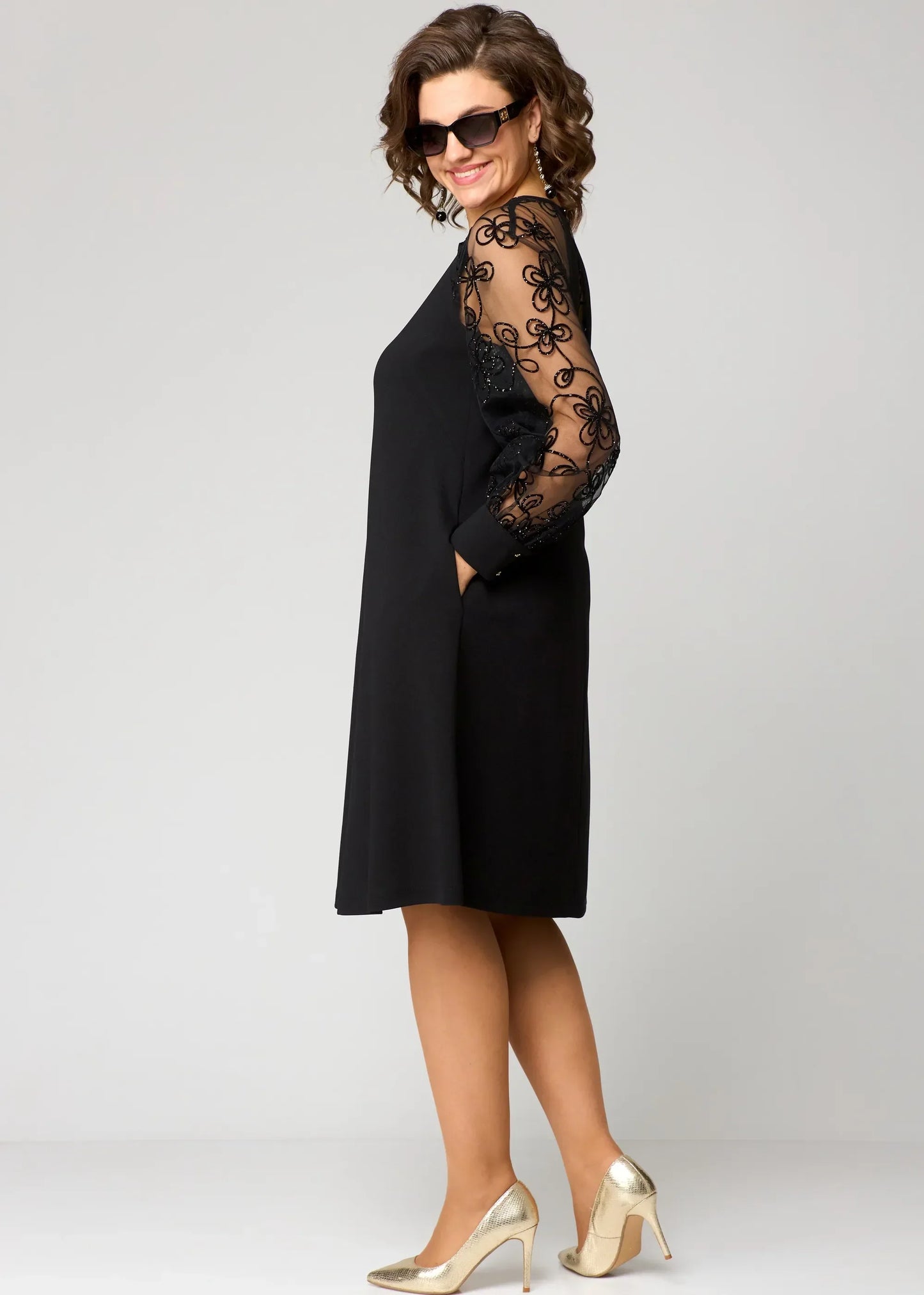Elegant Lace-Sleeve Evening Gown