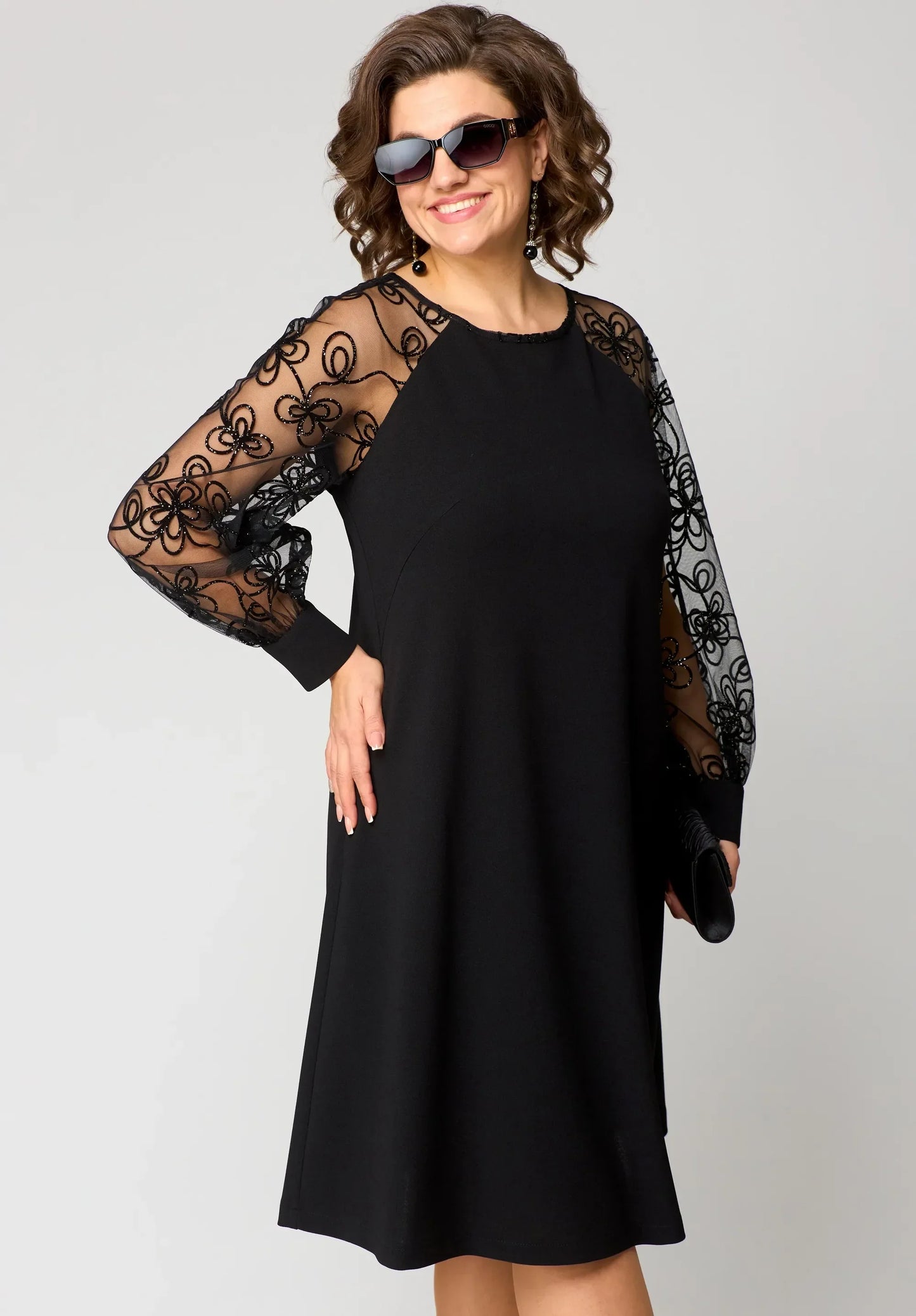 Elegant Lace-Sleeve Evening Gown
