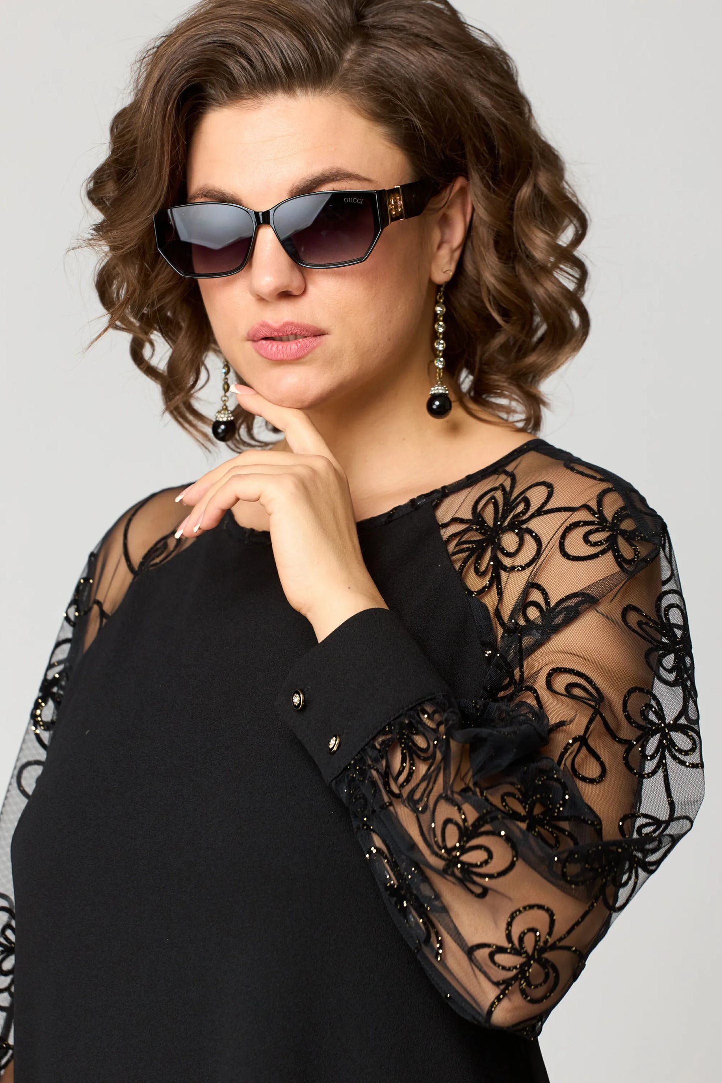Elegant Lace-Sleeve Evening Gown
