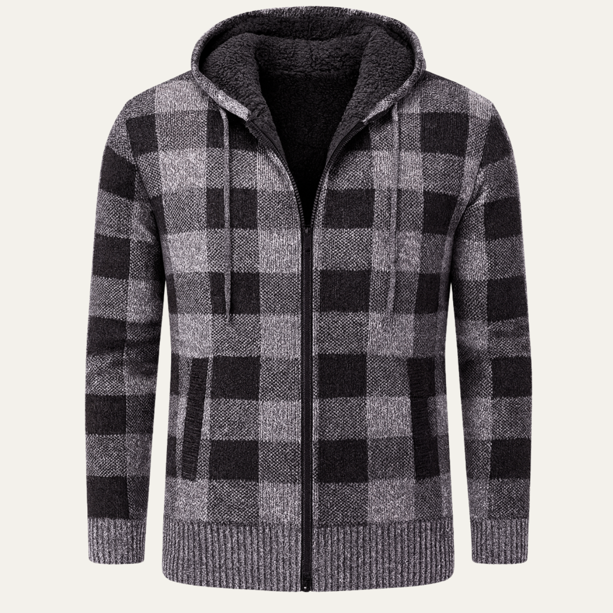 Men's Plaid Knit Hooded Jacket Zip Up - Fashinoza