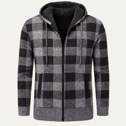 Men's Plaid Knit Hooded Jacket Zip Up - Fashinoza