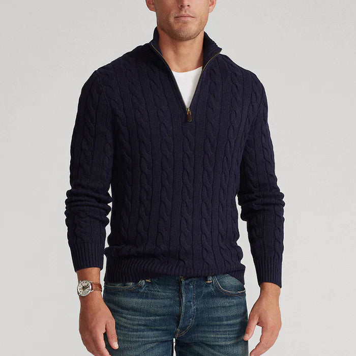Men's Cable Knit Jumper Half-Zip Textured Cream - Fashinoza