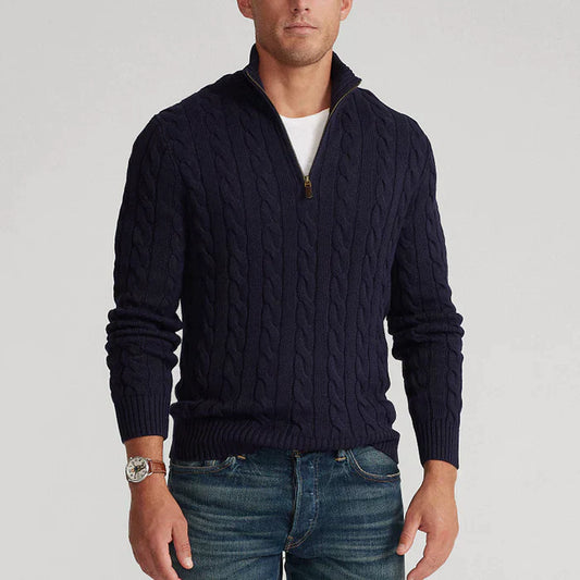 Men's Cable Knit Jumper Half-Zip Textured Cream - Fashinoza